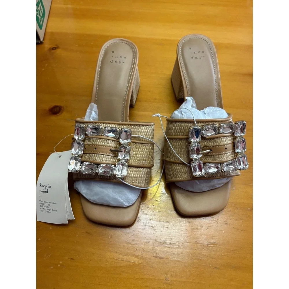 A New Day Kathleen Slide Sandals Tan Woven Rhinestone Buckle Block Heel 7